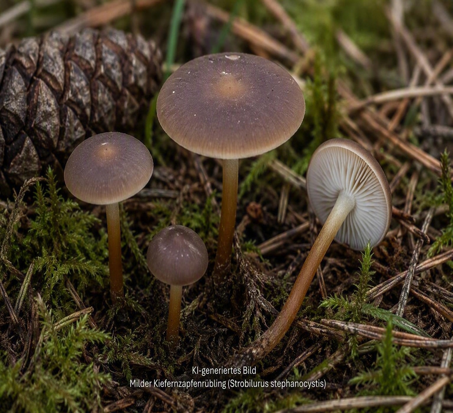 Milder Kiefern-Zapfenrübling - Bild exemplarisch, KI genriert. Der Milde Kiefernzapfenrübling wächst auf Kiefern-Zapfen, die aber auch im Boden vergraben sein können. 